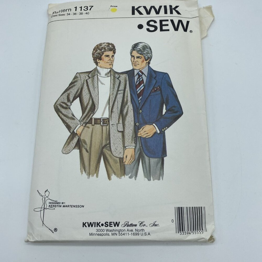Kwik Sew 1137 Men’s Sport Coat Sewing Pattern Chest 34–40 Uncut 1981 Vintage